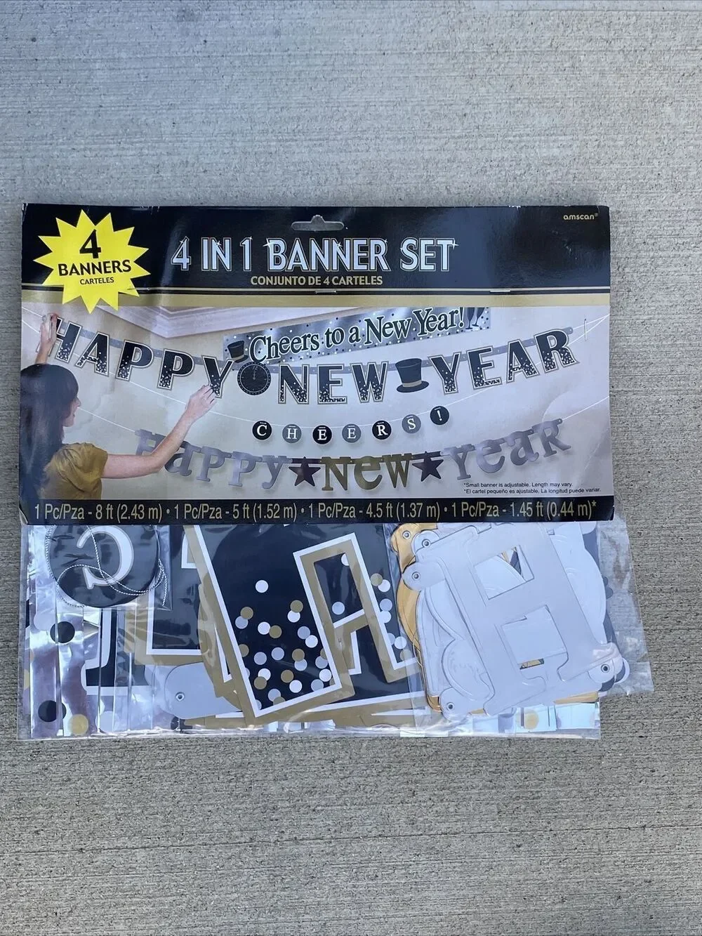 New Years Eve Letter Banner 4 Pack Silver Gold Black